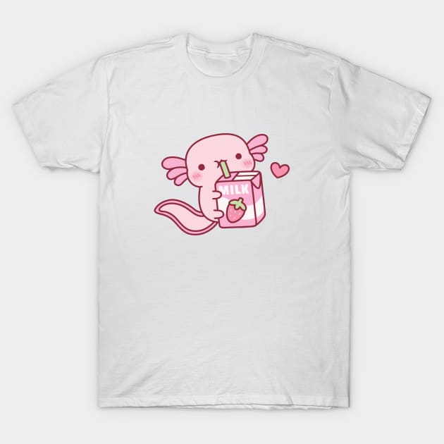 Cute Axolotl Drinking Strawberry Milk T-Shirt by rustydoodle